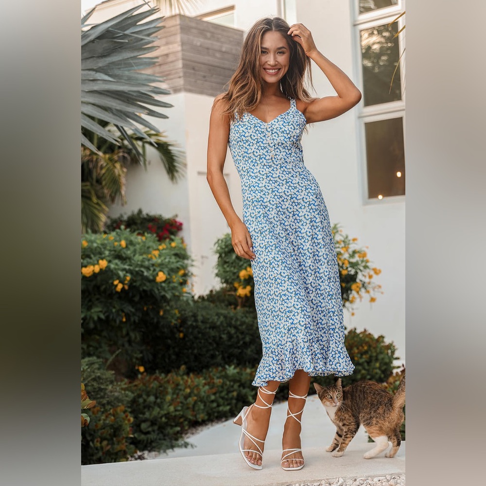 Blue Floral Spaghetti Strap Dress
